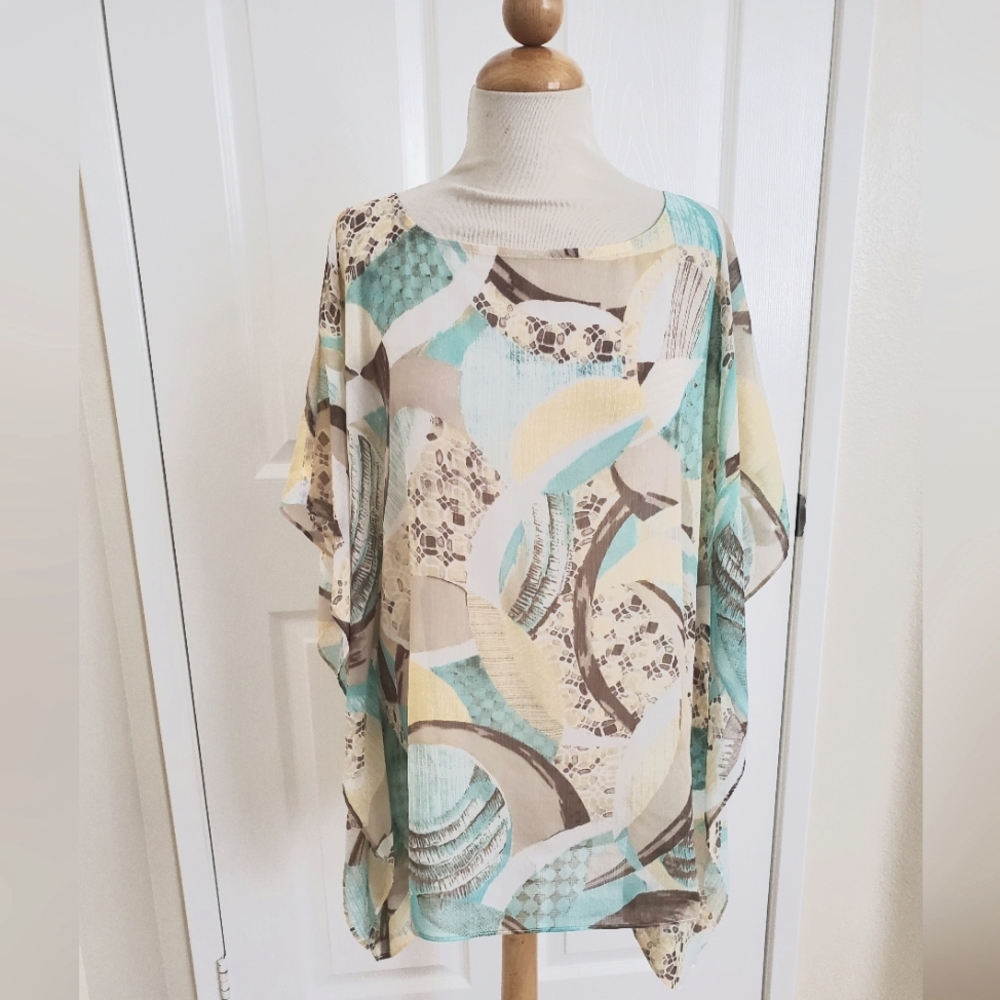 Chicos Aqua & Yellow Loose Flowy Fit Sheer Pancho Top Women's S/M